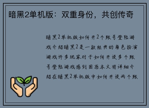 暗黑2单机版：双重身份，共创传奇